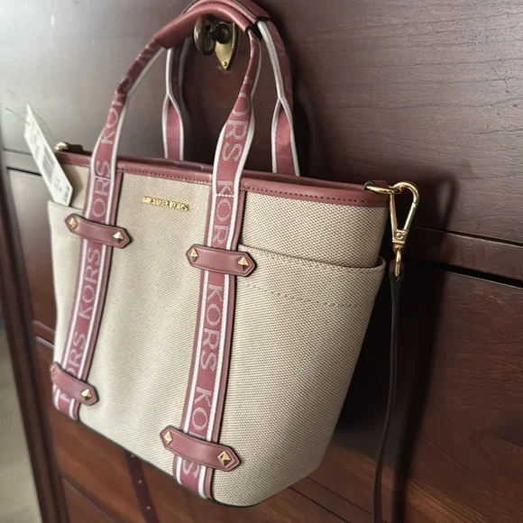 MICHAEL KORS Maeve Small Canvas Open Tote Rose Leather NWT $298 - Picture 2 of 14